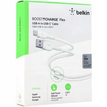 Гибкий кабель Belkin Boost USB-A — USB-C, 1 м, 20 В, с зажимом, силиконовый, белый