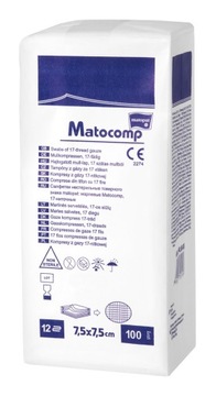 Matocomp Niejałowe kompresy z gazy 100 szt. 7.5x7.5cm 17N 12w