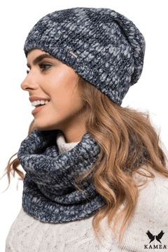 MORELINO komplet czapka damska z kominem kolor jeans, KAMEA