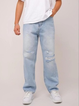 SZEROKIE SPODNIE MĘSKIE JEANSOWE BAGGY i8 Denim Sprane DZIURY Niebieskie 36