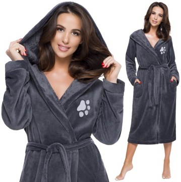 DŁUGI PUCHOWY DAMSKI SZLAFROK PODOMKA ŁAPKA S