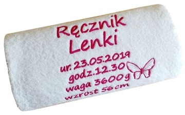 RĘCZNIK z metryczką imieniem datą HAFT prezent METRYCZKA urodzenia dziecka