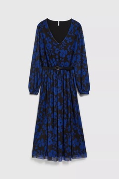 Sukienka z kwiatowym printem i paskiem niebieska 38 od MOODO