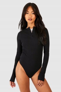 Boohoo vcz czarne długi stringi guziki rękaw body prążki M NG6