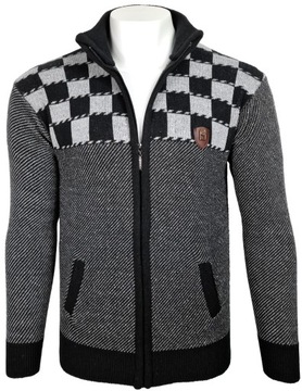 Sweter męski rozpinany czarny we wzory R259 szachownica r. L