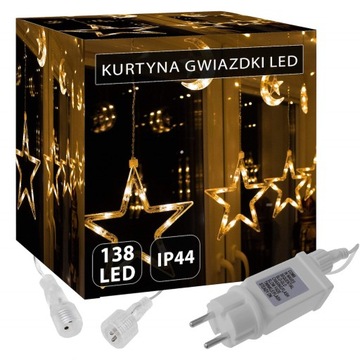 KURTYNA GWIAZDKI KSIĘŻYCE 138 LED CIEPŁE BIAŁE SOPLE 5M