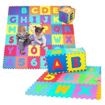 MATA EDUKACYJNA PUZZLE PIANKOWE KOLOROWE ALFABET CYFRY 30x30 cm 36szt