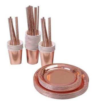 ZESTAW KUBECZKI TALERZYKI SŁOMKI ROSE GOLD
