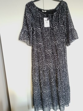 Sukienka długa panterka leopard maxi szara L 42 XL Falbany cętki