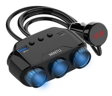 ROZGAŁĘZIACZ GNIAZDA ZAPALNICZKI 3XGNIAZDO + USB QC + Typ C 3A 122W