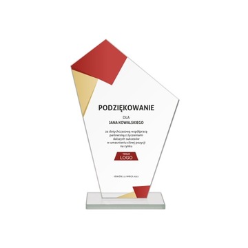 Statuetka trofeum szklane podziękowanie biznesowe 16,5 cm z nadrukiem logo