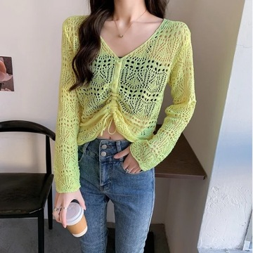 Women Loose Sweaters Sexy V Neck Hollow Out Lace U