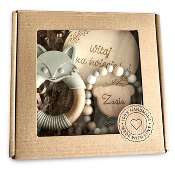 подвеска-пустышка с именем, набор для детского душа Fox, гравировка на дереве.