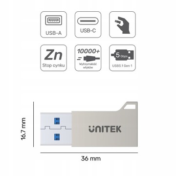 Адаптер Unitek USB-A на USB-C 3.1 Gen1 A1034NI
