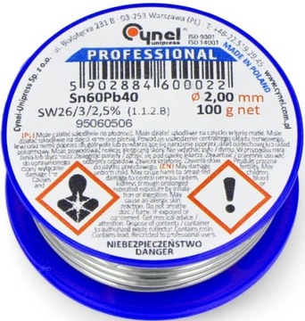 Катушка для пайки 100г 2мм с флюсом CYNEL Sn60Pb40/SW26