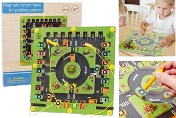 TABLICA MAGNETYCZNA MONTESSORI EDUKACYJNA DREWNIANA PARKING LITERKI