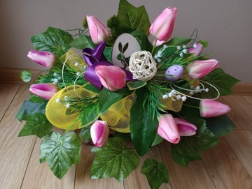 Stroik na cmentarz GRÓB kompozycja KOMPLET WIOSNA wielkanoc TULIPANY