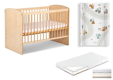 ŁÓŻECZKO Dziecięce Drewniane 120x60 Sosna KAROLINA II + Materac + Przewijak