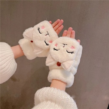 Winter Cat Rabbit Mittens Fingerless Gloves Thick Soft Plush Winter Warm