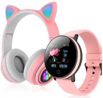 RÓŻOWE SŁUCHAWKI KOCIE USZY LED + RÓŻOWY SMART BAND - NOWOCZESNY ZEGAREK