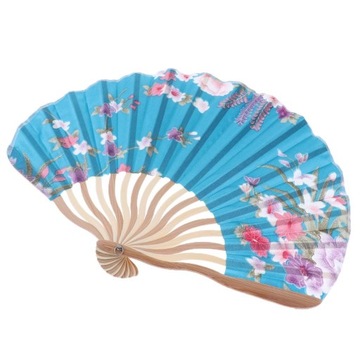 Hand Held Floral Fan Women Silk Fabric Blue