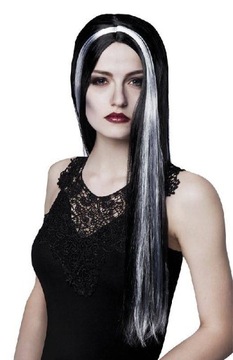 PERUKA CZAROWNICY DŁUGIE CZARNE Z BIAŁYM MORTICIA ADDAMS