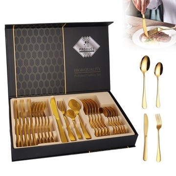 24ШТ ПОСУДА НЕРЖАВЕЮЩАЯ СТАЛЬ СТОЛОВЫЕ ПРИБОРЫ ЗОЛОТО НА 6 ЧЕЛОВЕК