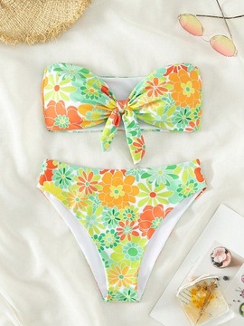 STRÓJ KĄPIELOWY BIKINI BOHO W KWIATY BANDEAU WYSOKI STAN SHEIN S 36