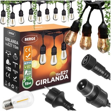 Girlanda OGRODOWA ŁAŃCUCH ŚWIETLNY 15M 15xE27 Komplet Z Żarówkami LED IP44