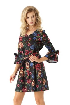 Sukienka trapezowa oversize kokardki, pasek, S