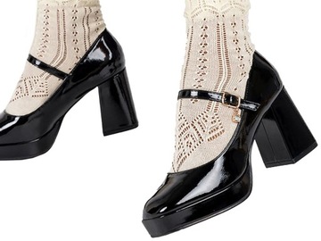 CZÓŁENKA DAMSKIE LAKIEROWANE BUTY NA OBCASIE KLOCKU Z PASKIEM OZDOBA r 38