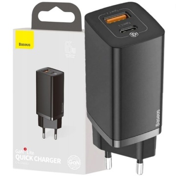 Сетевое зарядное устройство Baseus GaN2 Lite, USB + USB-C, 65 Вт, ЕС (черное)
