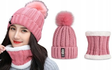 Ciepły Zimowy Komplet Dwuczęściowy Damski Czapka z pomponem Komin Na Zimę