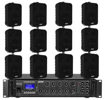 GŁOŚNIKI NAGŁOŚNIENIE ŚCIENNE CZARNE 12 SZT. WZMACNIACZ 110V BLUETOOTH MP3