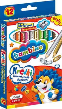 KREDKI BAMBINO 12 kol drewniane GRUBE +temperówka