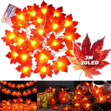 GIRLANDA ŚWIETLNA Z LIŚĆMI KLONU 3m 20 LED DO DOMU DEKORACAJA JESIEŃ