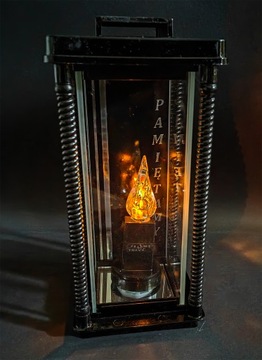 Unikatowy znicz kapliczka lampion szklany ciężki z napisem PAMIĘTAMY!