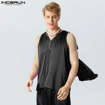 2024 Men Irregular Tank Tops Ruffle V Neck Sleevel