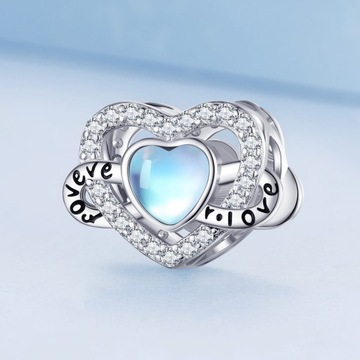 G972 Opalizujące serce znak nieskończoności srebrny charms koralik beads