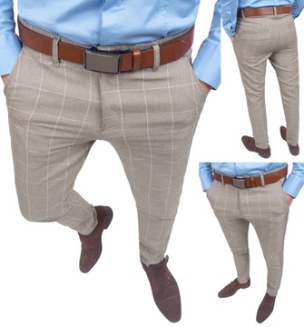 Spodnie męskie eleganckie beżowe w kratkę - 30