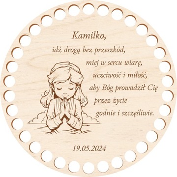 OKRĄGŁA BAZA 15 CM PERSONALIZOWANA KOŁO KOSZYK NA KOMUNIĘ DLA DZIEWCZYNKI