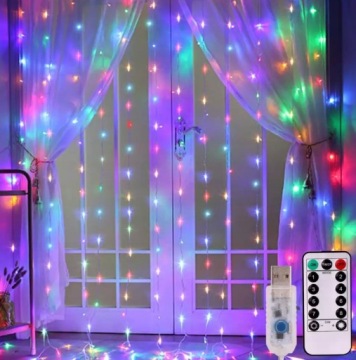 Lampki kurtyna drucik multikolor 3x3 m 300 LED