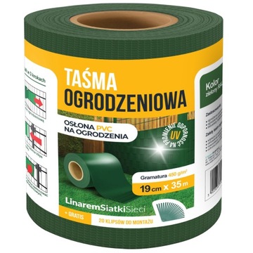 TAŚMA OGRODZENIOWA Zielona 35m 20 KLIPSÓW GRATIS
