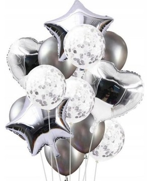 BALONY METALICZNE ZESTAW Z KONFETTI CHROMOWANE SREBRNE GWIAZDA SERCE 14szt