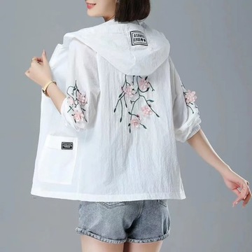 Embroidery Print Hooded Thin Coat Spring Summer Ov