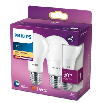 Светодиодная лампа E27 PHILIPS 60Вт 806лм 2700К 2 шт.