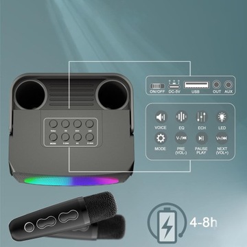 КАРАОКЕ-ДИНАМИКИ С 2 БЕСПРОВОДНЫМИ МИКРОФОНАМИ И СВЕТОДИОДНОЙ ПОДСВЕТКОЙ