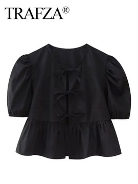 TRAFZA 2024 Fashion Women Bow Tie-Up Ruffles Top P