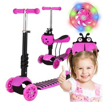 БАЛАНСОВЫЙ СКУТЕР 5в1 BIEDRONKA ТРЕХКОЛЕСНЫЙ СВЕТОДИОДНЫЙ РОЗОВЫЙ