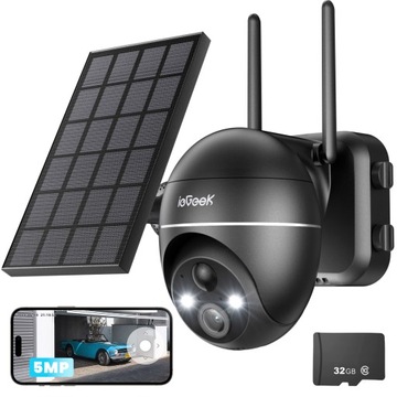 5MPX SOLARNA Kamera Zewnętrzna WiFi PIR 360° Obrotowa Bezprzewodowa 32GB SD